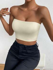Allurite Women Solid Color Bandeau Backless Sleeveless Top - Beige - View 5
