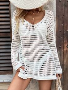 SHEIN LUNE Beach Resort Casual V-Neck Loose Cover-Up For Summer Beach Vacation - Beige - View 6