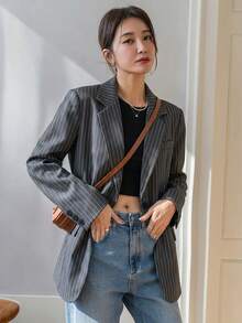 DAZY 女款條紋翻領長袖商務休閒西裝外套 - 深灰色 - 查看 2