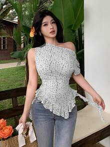 Modelyn 黃色碎花不對稱肩褶皺荷葉邊極簡性感度假風女上衣 - 白色 - 查看 5
