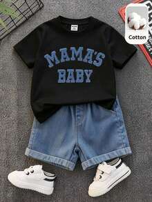 SHEIN Unisex Baby Boy/Girl Baby Boy 2pcs Spring/Summer Casual Cute Denim Patchwork Embroidered Short Sleeve T-Shirt And Denim Shorts Set - Black - View 1