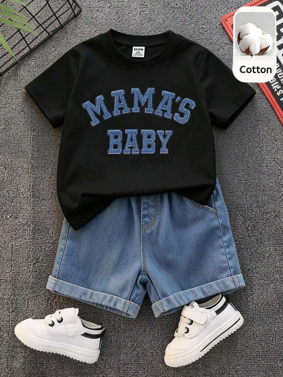 SHEIN Unisex Baby Boy/Girl Baby Boy 2pcs Spring/Summer Casual Cute Denim Patchwork Embroidered Short Sleeve T-Shirt And Denim Shorts Set - Black - View 1