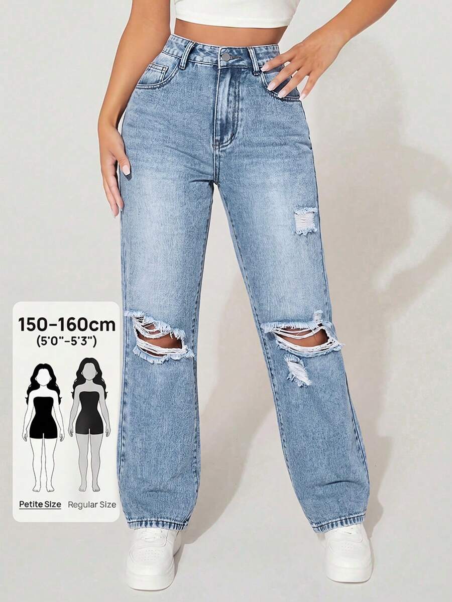 SHEIN PETITE 女款高腰口袋破洞直筒休閒牛仔長褲 - 淺色水洗藍 - 查看 1