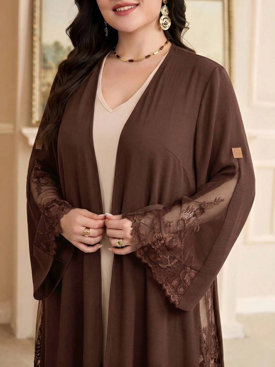 Al Najma Plus Size Women's Contrast Lace Long Sleeve Abaya - Coffee Brown - View 1