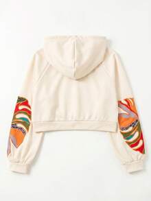 CAJUNI Women's Tropical Plant Print Raglan Long Sleeve Drawstring Hooded Sweatshirt - Beige - View 7
