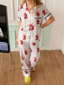 Chillnights Casual Home & Outdoor Wear, Vacation Striped Floral Print, Contrast Piping Lapel Short Sleeve Women's Pajama Long Pants Set - Multicolor - View 5
