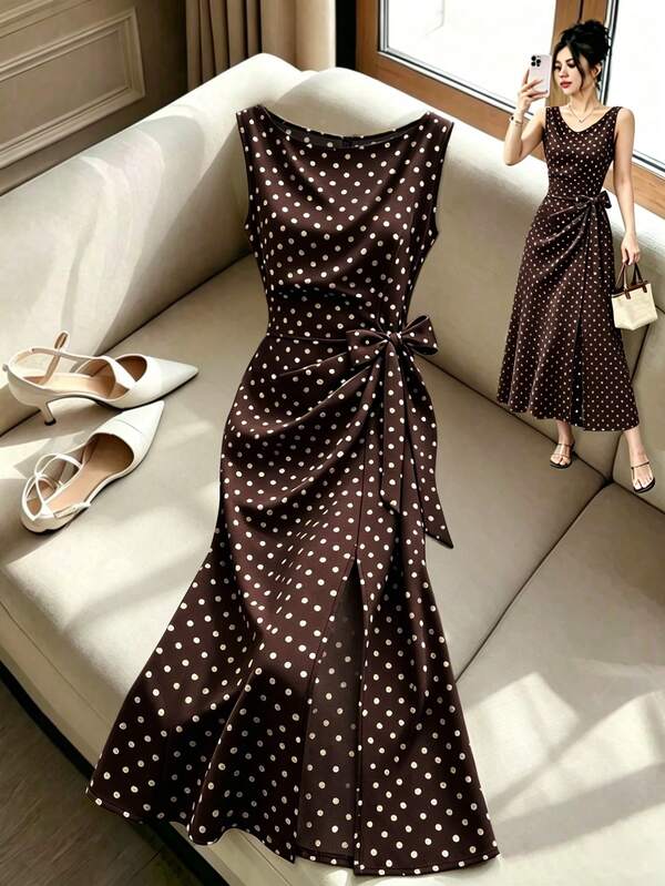 SHEIN Franclia Đầm nữ thanh lịch chấm bi không tay chiết eo, đầm xẻ tà thắt dây phong cách vintage Pháp tôn dáng
