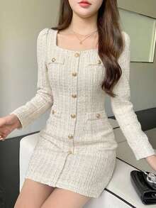 DAZY Vestido corto con cuello cuadrado y botones texturizados para mujer - Blanco - Ver 3
