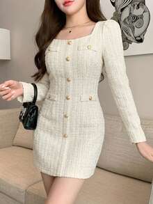 DAZY Vestido corto con cuello cuadrado y botones texturizados para mujer - Blanco - Ver 4