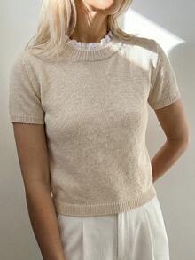 Sprig & Strand Women's French Gentle Style Light Beige Round Neck Lace Patchwork Short Sleeve Knit Top Spring/Summer Teachers' Day Office Basic Minimalist Modest - Apricot - View 3