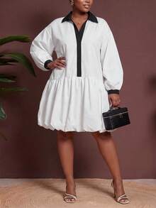 Veslaya Plus Size Women's Colorblock Pleated Casual Party Dress Fall - Black and White - View 3