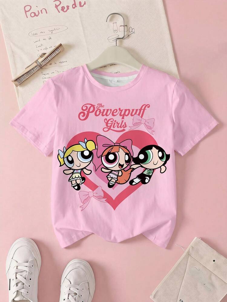 THE POWERPUFF GIRLS X SHEIN 少女休闲圆领卡通字母印花短袖T恤，日常百搭 - 白色 - 查看 1