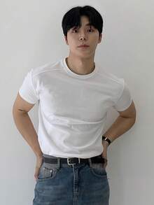 DAZY Men's Solid White Slightly Loose Short Sleeve T-Shirt, Summer - White - View 4