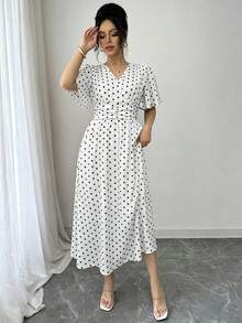 SHEIN LUNE 女款優雅復古交叉設計圓點短袖洋裝，適合度假穿著 - 白色 - 查看 7