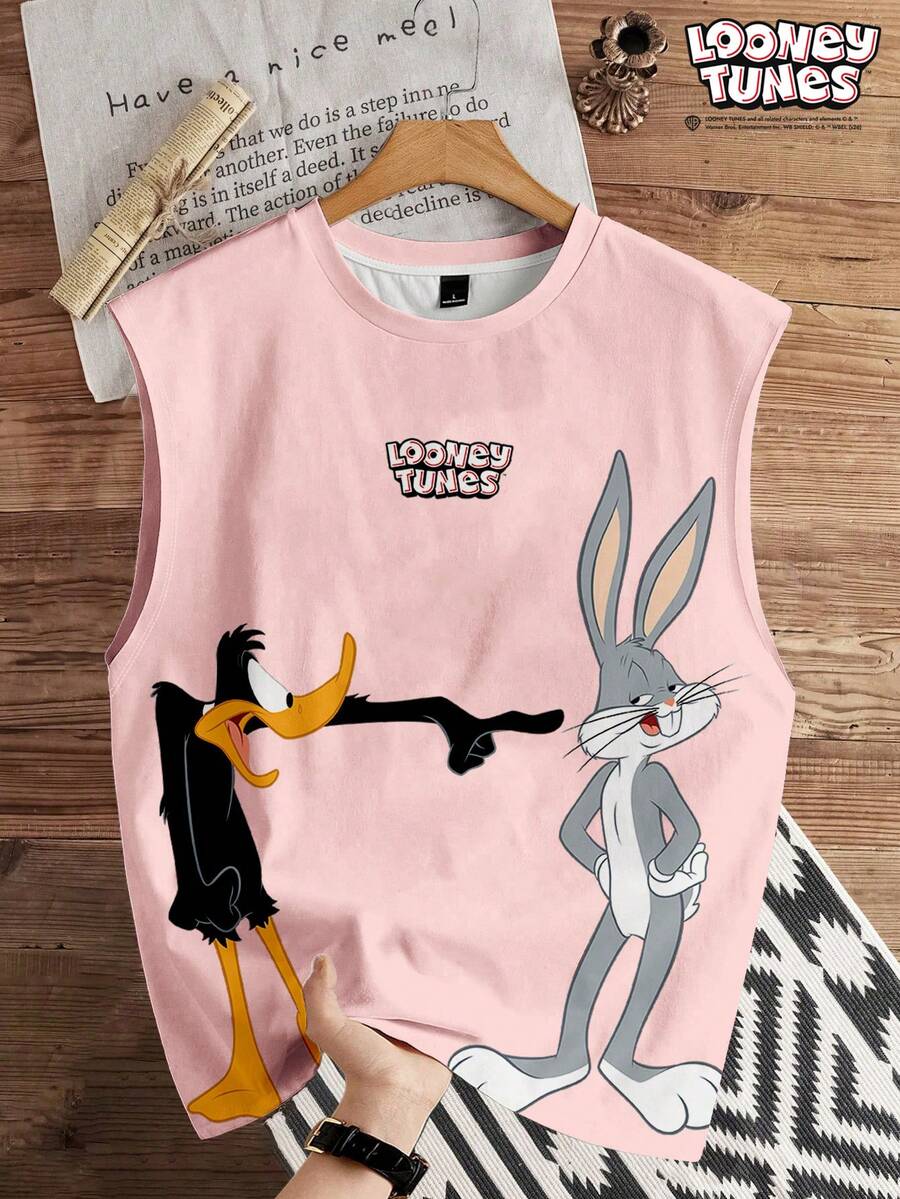 LOONEY TUNES X SHEIN Manfinity Hypemode Tank Top Kasual Pria dengan Motif Kartun, Musim Panas, Liburan - Berwarna merah muda - View 1