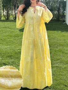 Yasmyna Spring/Summer Gentle Style Yellow V-Neck Embroidered Long Sleeve Loose Slimming Flared Elegant Casual Vacation Dress For Women - Yellow - View 7