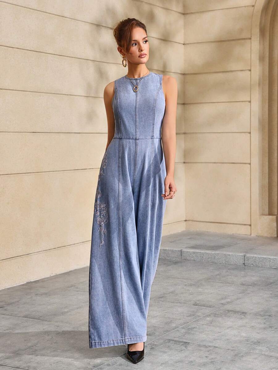 Selenza 女款花卉刺繡圖案百褶休閒日常旅行牛仔吊帶寬腿褲
