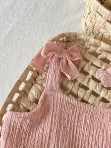 SHEIN Vintaside Kids 2件組女嬰幼童/新生兒0-3歲春夏休閒日常可愛度假條紋蝴蝶結圖案吊帶上衣+短褲套裝 - 粉色 - 查看 5