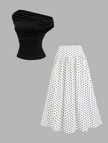Sweetra Fashion Elegant Vintage Shoulder Top With Waist-Defining Polka Dot Skirt, Minimalist French Style Commuter Outfit, Spring/Summer Versatile New Women's 2-Piece Set - Black and White - View 1
