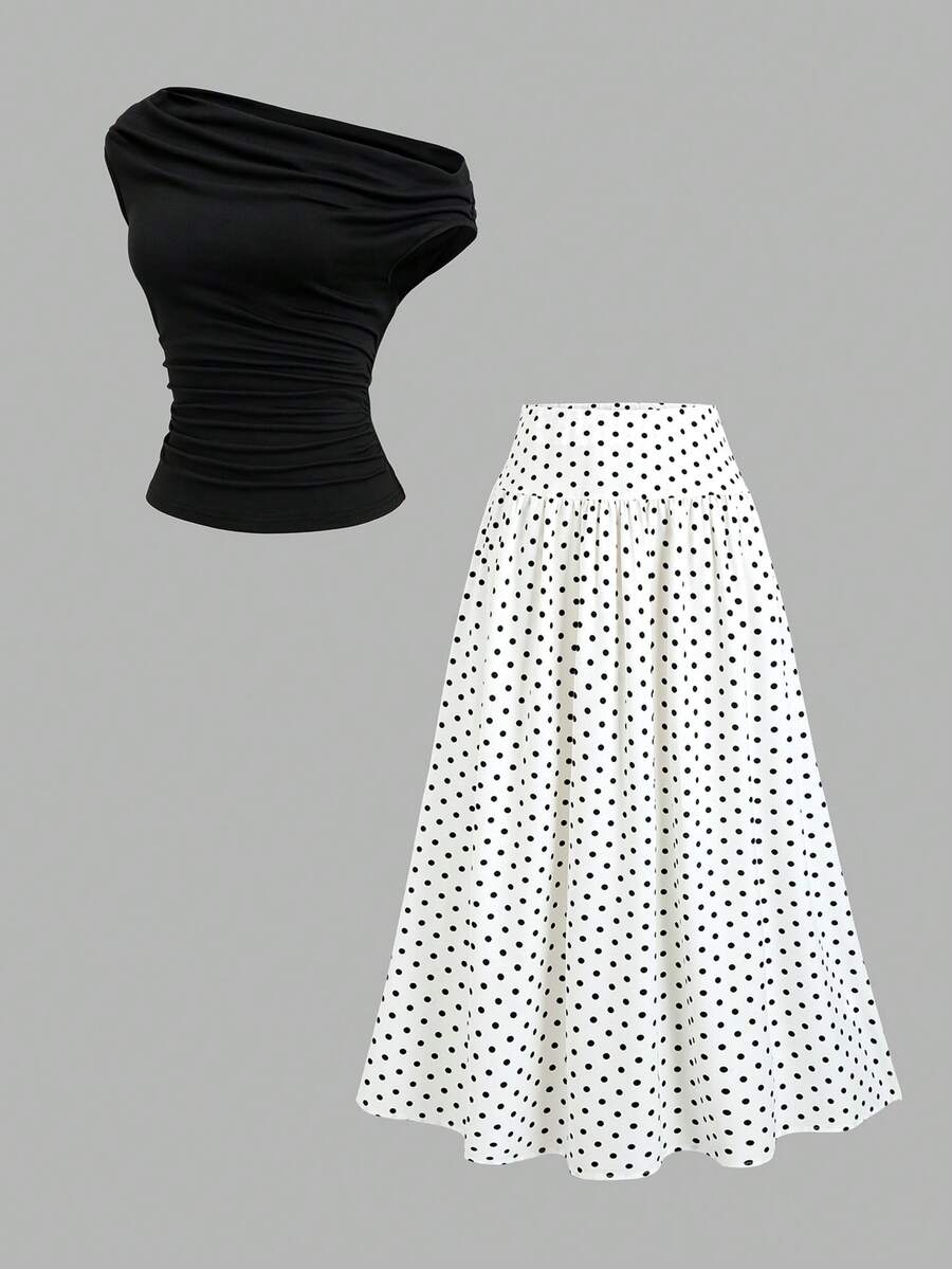 Sweetra Fashion Elegant Vintage Shoulder Top With Waist-Defining Polka Dot Skirt, Minimalist French Style Commuter Outfit, Spring/Summer Versatile New Women's 2-Piece Set - Black and White - View 1