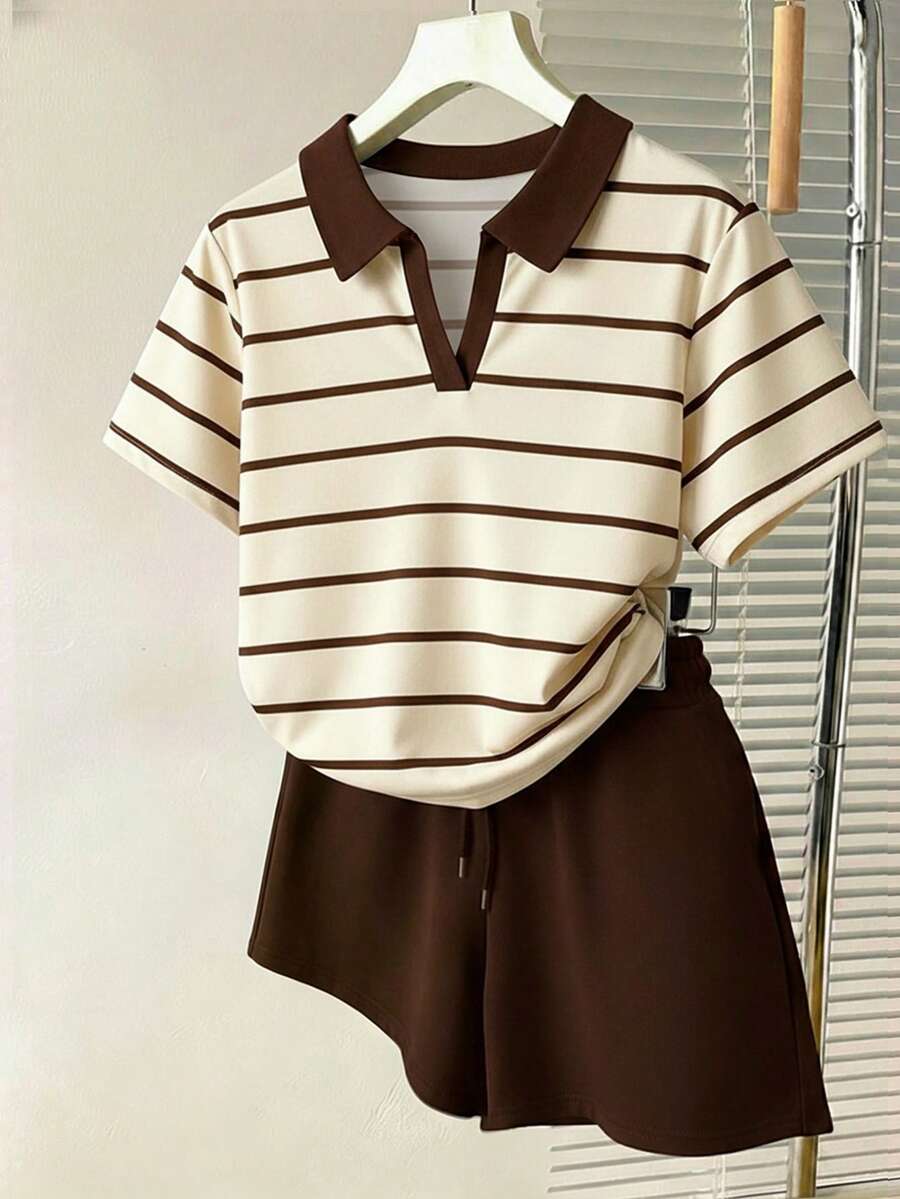 Resyla 棕色條紋 Polo 衫與短褲女款休閒套裝 - 彩色 - 查看 1