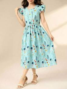 SHEIN Sparklyn 碎花图案短袖收腰连衣裙，适合少女度假、日常休闲穿着 - 藍色 - 查看 3