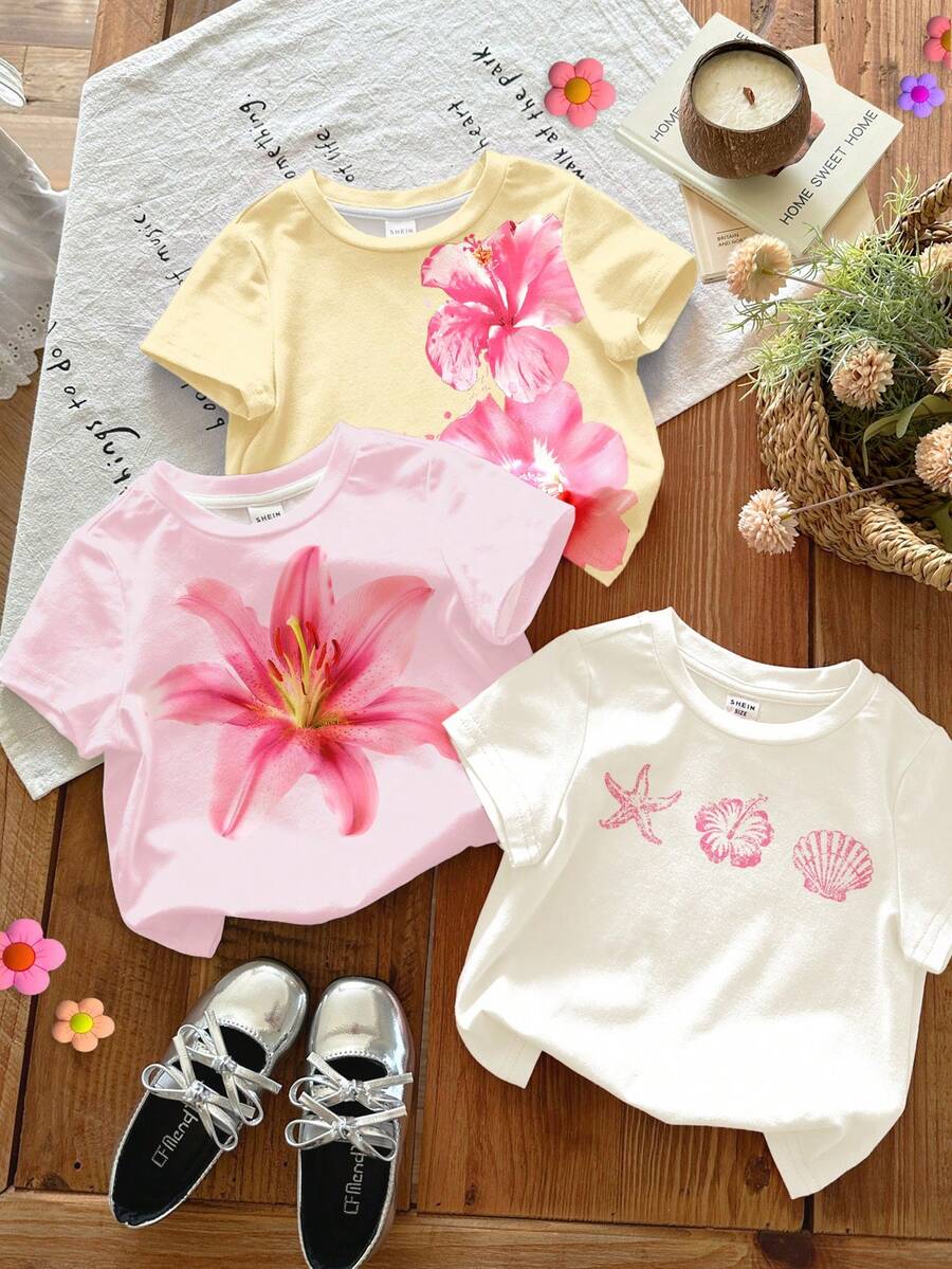 Dopamine Colorful Floral 3pcs Set, Cream Yellow, Cream Pink, White, Young Girl Casual Minimalist Versatile Round Neck Short Sleeve Basic T-Shirt 3pcs Set Suitable For Spring/Summer Daily Wear, Vacation - Multicolor - View 1