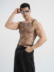 DSELFIQUE 男士性感水鑽魚網無袖背心方領亮片透視鏤空上衣 - 黑色 - 查看 8