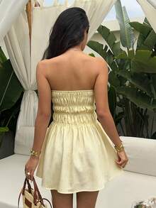 Sunnyshic Vestido mini de algodón con rayas azules, escote bandeau, espalda descubierta, cintura fruncida y corte A para mujer, primavera/verano, paseo por la playa en vacaciones, elegante, lindo, romántico, minimalista para ir al trabajo, compras, citas y uso diario versátil - Amarillo - Ver 2