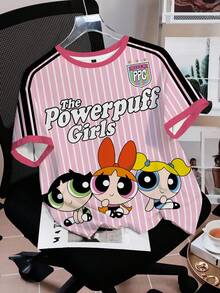 THE POWERPUFF GIRLS X SHEIN 女款夏季休閒條紋卡通字母印花T恤 - 白色 - 查看 7