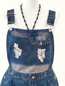 Sunspun Plus Size Women Loose Casual Denim Print Romper - Blue - View 5