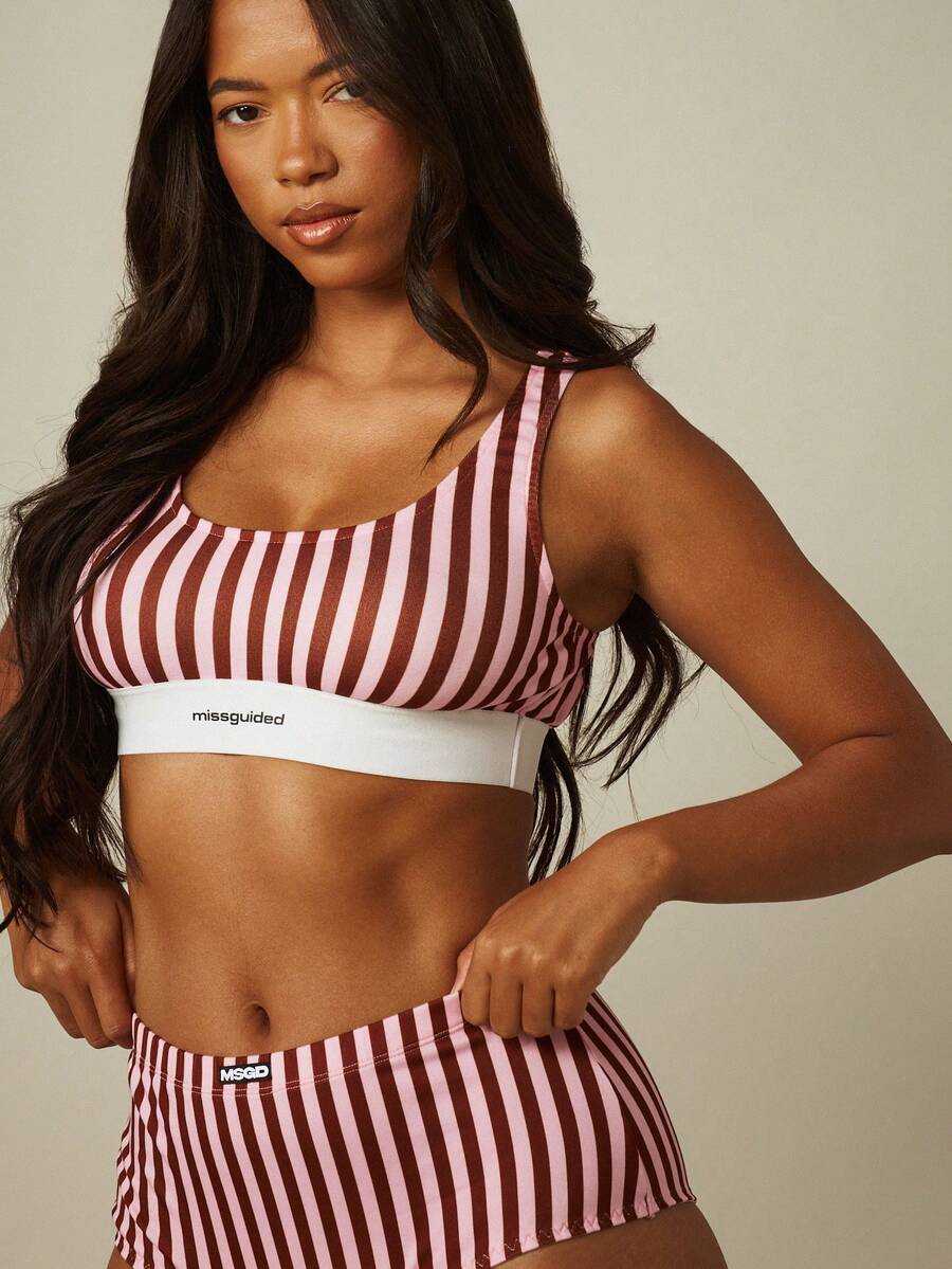 MISSGUIDED Striped Bralette With Logo Tape Band Scoop Neck Crop Top Bra Candy Stripe Summer Beach - Pink - View 1