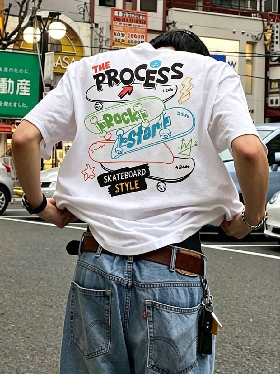 Resyla Men 男士滑板涂鸦图案T恤 | The Process 街头风圆领衫 | 休闲青少年短袖T恤 - 白色 - 查看 1