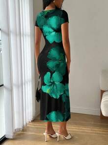 Modelyn Summer Square Neck Mermaid Ruffle Fitted Dress Vacation Black Flower Tropical - Multicolor - View 2