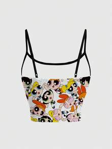 THE POWERPUFF GIRLS X SHEIN 女款夏季全身印花卡通圖案細肩帶吊帶背心上衣 - 白色 - 查看 2
