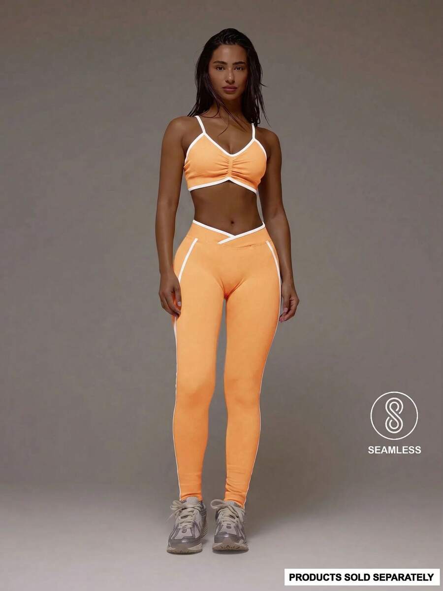 Musera Sport Contrast Ribbed Seamless Sports Bra Only Active Co-Ord Workout Gym Pilates Fitness Daily Casual Smoky Quartz Summer - Orange - View 1