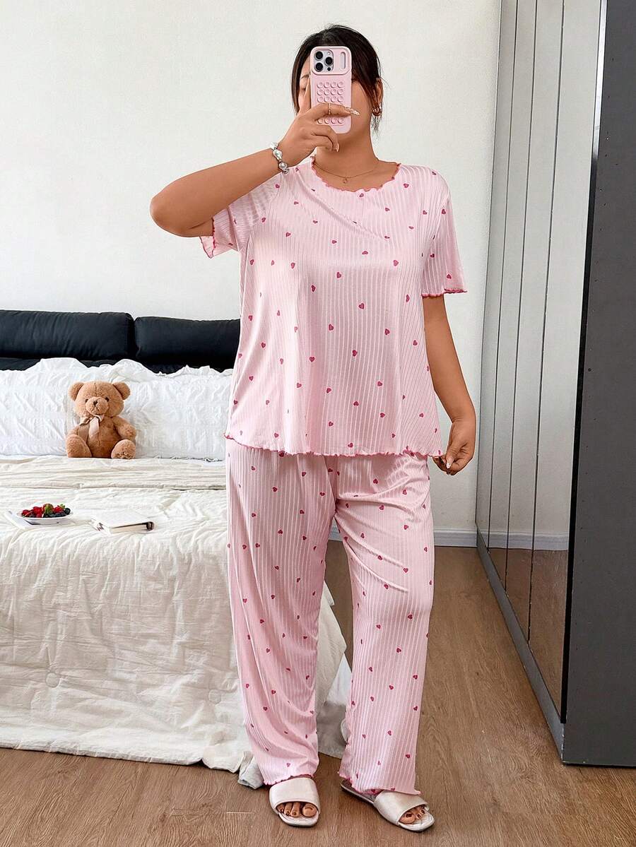 Napfluff CURVE Napfluff CURVE Plus Size Women's Ribbed Pajama Set With Romantic Heart Print Night Pink Summer - Pink - View 1