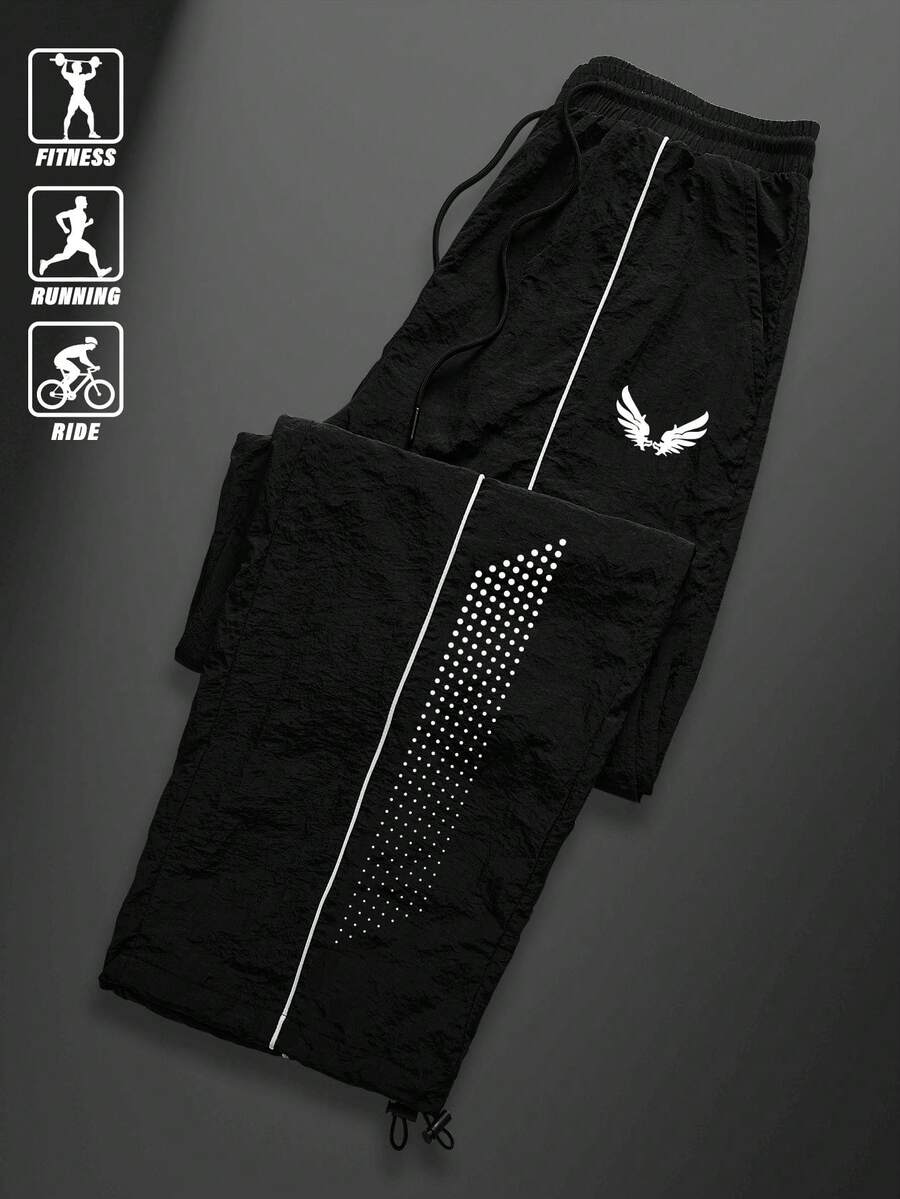 Sport MetroGents Men's Wing Print Drawstring Waist Sports Long Pants, Gym - Black - View 1