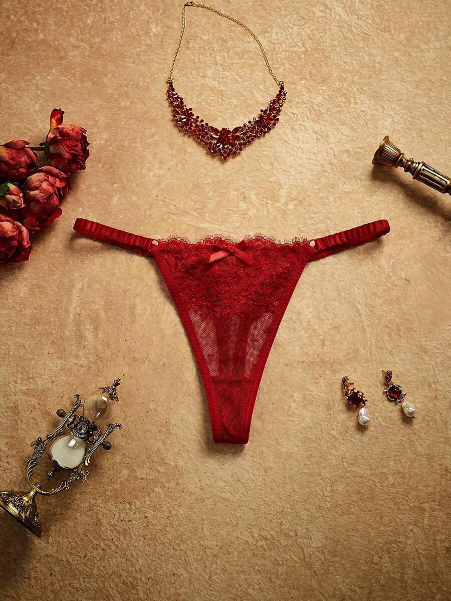 PinupPomp Ladies' Contrast Lace Mesh G-String Sexy Lingerie - Burgundy - View 1