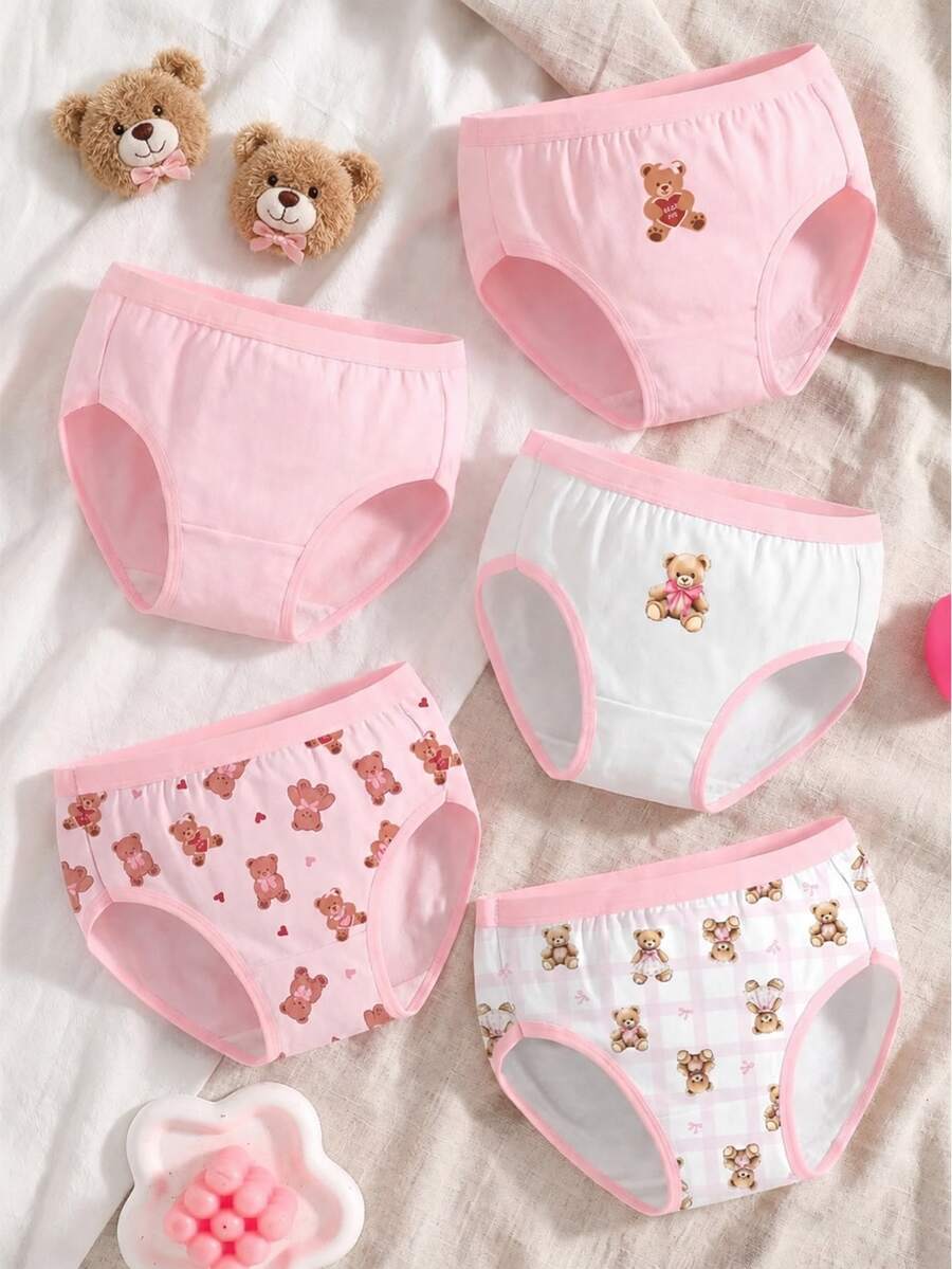 SHEIN 5件組女童幼兒可愛卡通滿版印花動物織帶腰頭三角內褲 彩色熊款 夏季秋季 - 彩色 - 查看 1