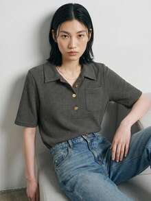 FRIFUL Women's Fitted Polo Collar Metal Button Decor Short Sleeve T-Shirt, Summer Ribbed Shirt Collared Shirt Knit Top Summer Top Preppy Top - Grey - View 8