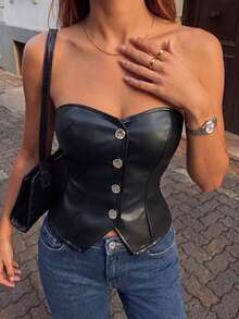 SHEIN Women's PU Leather Single-Breasted Bandeau Top - Black - View 5