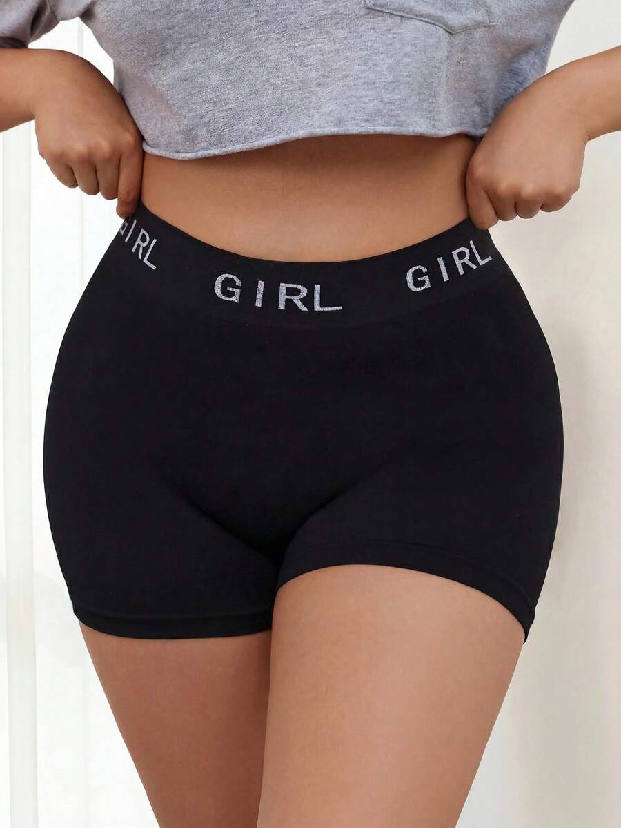 SHEIN Plus Size Seamless Underwear With Letter Print Elastic Band Sports - Black - View 1