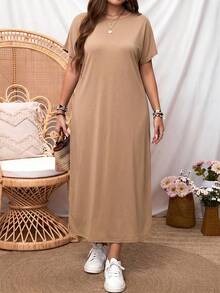 SHEIN LUNE 大码女式夏季休闲度假露背系结蝴蝶印花开衩裙 - 卡其色 - 查看 6