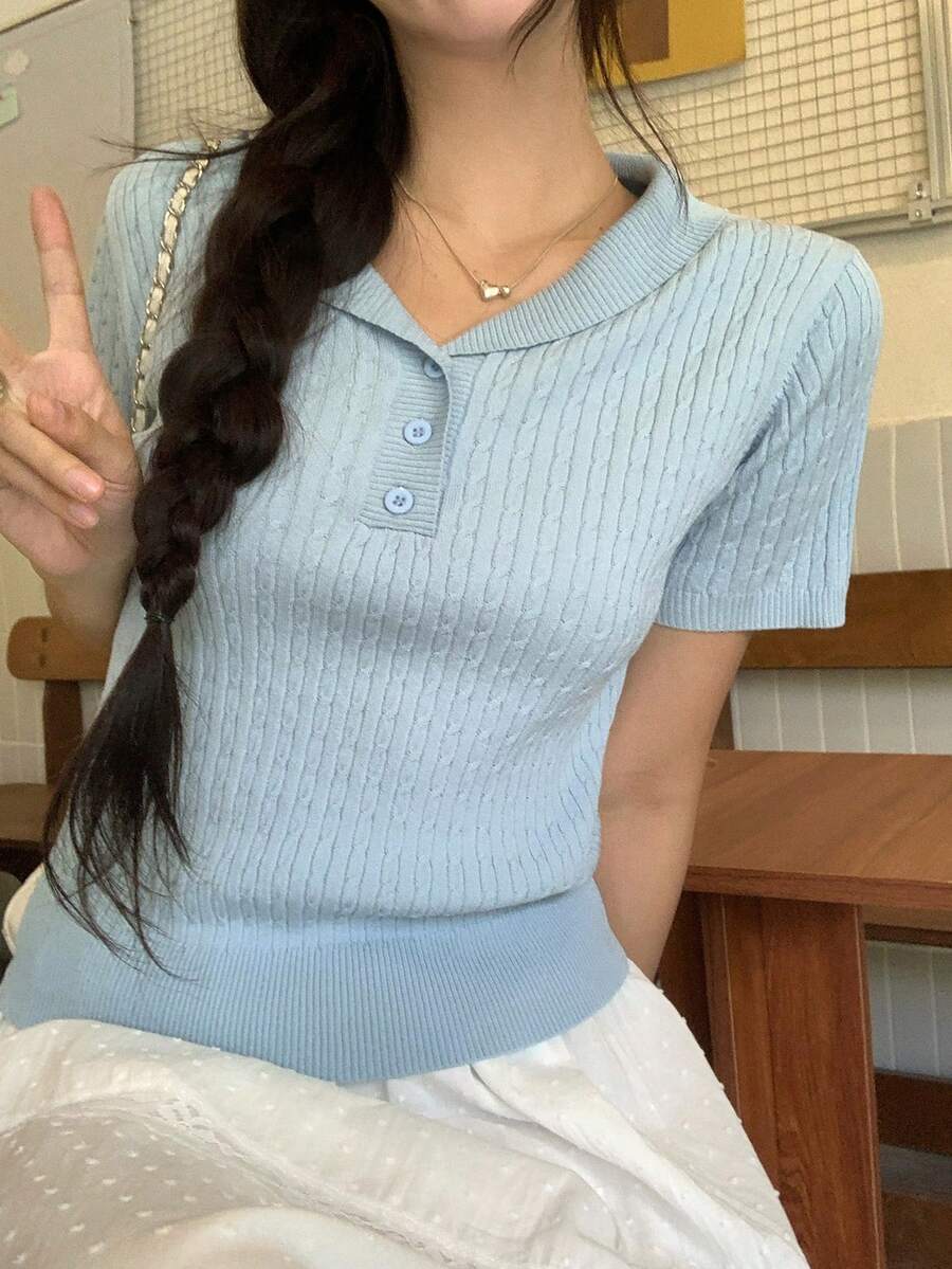 DAZY 女款素色 Polo 領短袖休閒針織上衣,春夏校園風 - 藍色 - 查看 1