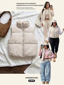 Comfortcana Plus Size Casual Stand Collar Black Padded Vest In Fall/Winter - Apricot - View 2