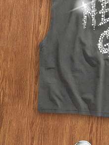 Manfinity Joysei Men's Rhinestone Slogan Logo Dark Gray Ultra Loose Cropped Tank Top - Dark Grey - View 4