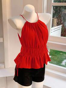 Comfortcana 100% Cotton  Women's Solid  Red Color Halter Neck Tank Top With Ruffle Hem And Side Tie - Multicolor - View 3