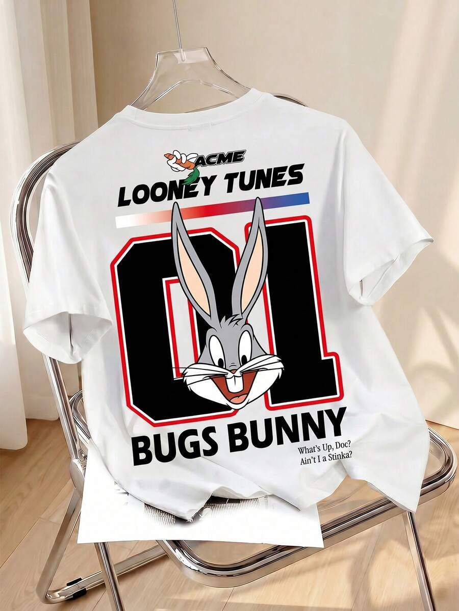 LOONEY TUNES X SHEIN 男士字母卡通印花短袖休閒T恤 - 白色 - 查看 1