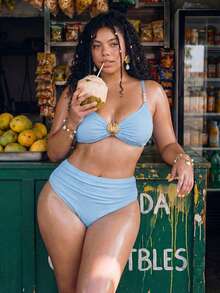 Swim Mod Plus Size Women 2pcs Solid Color Shell Decor Top High Waist Triangle Bottom Cute Beach Vacation Minimalist Daily Bikini Set - Blue - View 3